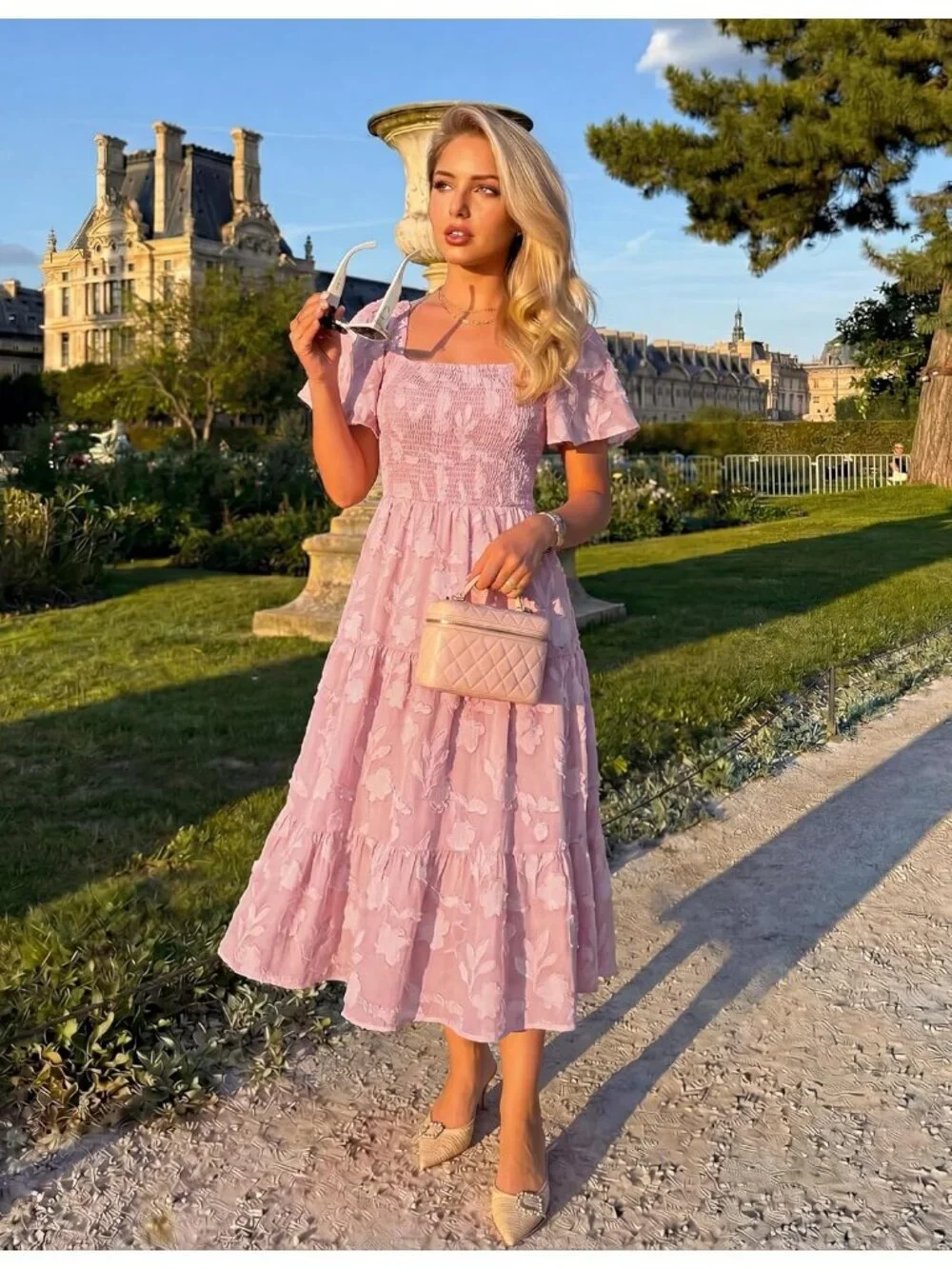 Women‘s Summer Boho Floral Midi Dress Pink Short Sleeve Square Neck Flowy Beach